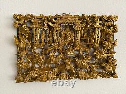 Antique Chinese Deep Carved 3D Wooden Panel Gold Gilded 18 1/8 x 11 5/8 x 2