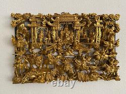 Antique Chinese Deep Carved 3D Wooden Panel Gold Gilded 18 1/8 x 11 5/8 x 2