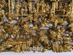 Antique Chinese Deep Carved 3D Wooden Panel Gold Gilded 18 1/8 x 11 5/8 x 2