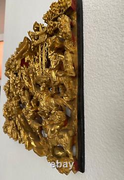 Antique Chinese Deep Carved 3D Wooden Panel Gold Gilded 18 1/8 x 11 5/8 x 2