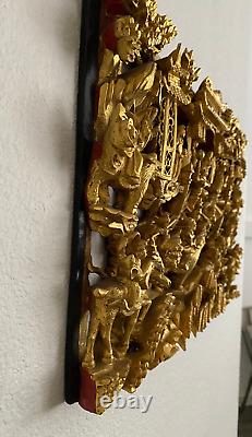 Antique Chinese Deep Carved 3D Wooden Panel Gold Gilded 18 1/8 x 11 5/8 x 2