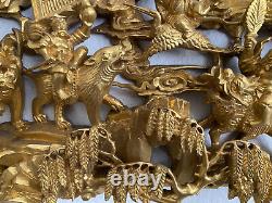 Antique Chinese Deep Carved 3D Wooden Panel Gold Gilded 18 1/8 x 11 5/8 x 2