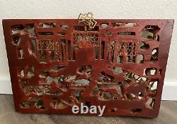 Antique Chinese Deep Carved 3D Wooden Panel Gold Gilded 18 1/8 x 11 5/8 x 2