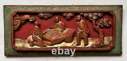 Antique Chinese Deep Relief Carved Wood Panel Wall Plaque Scholars Playing Chess