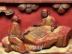 Antique Chinese Deep Relief Carved Wood Panel Wall Plaque Scholars Playing Chess