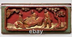 Antique Chinese Deep Relief Carved Wood Panel Wall Plaque Scholars Playing Chess