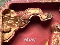 Antique Chinese Deep Relief Carved Wood Panel Wall Plaque Scholars Playing Chess