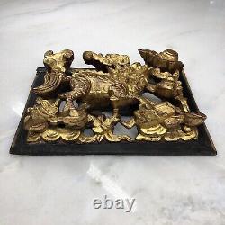 Antique Chinese Deeply Carved 3D Gold Gilt Foo Dog Wood Panel