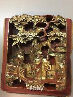 Antique Chinese Deeply Carved Gilt Wood Bas Relief Panel with 4 Figures & Tree