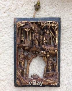 Antique Chinese Deeply Carved Gilt Wood Panel with Figures