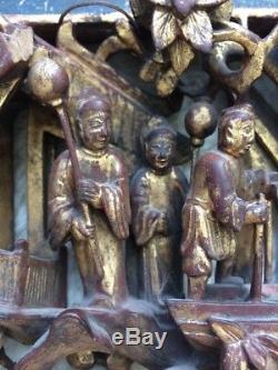 Antique Chinese Deeply Carved Gilt Wood Panel with Figures