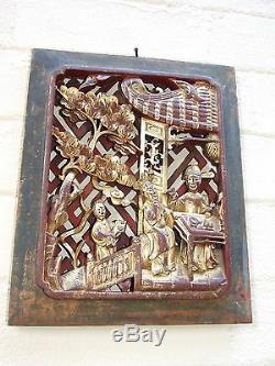 Antique Chinese Deeply Carved Wood Relief Gilded Panel w Figures Estate 1900's