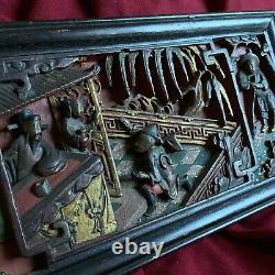 Antique Chinese Emperor Carved Gold Gilt Panel Wood Raised Hollow Relief Tree