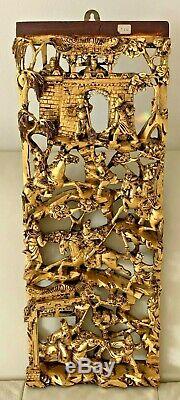 Antique Chinese Exquisite Carved Deep Relief Gilt Wood Warriors Scenes Panel