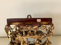 Antique Chinese Exquisite Carved Deep Relief Gilt Wood Warriors Scenes Panel