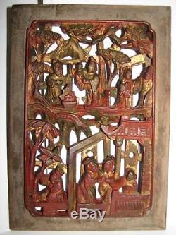Antique Chinese Gilded Carved Camphor Wood Panel With Scenes From Ancient Life