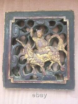 Antique Chinese Gilded Gold Temple Wood Carving Panel Xian Immortal On Dragon