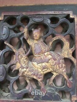 Antique Chinese Gilded Gold Temple Wood Carving Panel Xian Immortal On Dragon