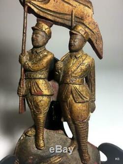 Antique Chinese Gilded Wood Carved Relief Panel PRE 1920s Soldiers, Flag, Eagle