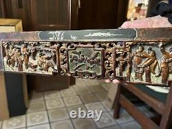 Antique Chinese Gilded Wooden Carved Long Panel 35 X 4 Import Wax Seal On Back