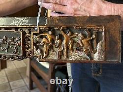 Antique Chinese Gilded Wooden Carved Long Panel 35 X 4 Import Wax Seal On Back