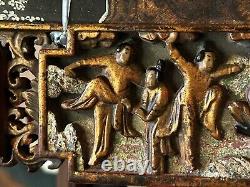 Antique Chinese Gilded Wooden Carved Long Panel 35 X 4 Import Wax Seal On Back