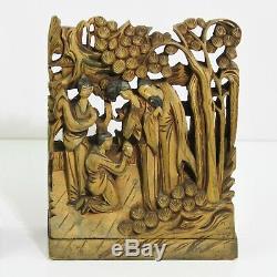 Antique Chinese Gilt Gold Geisha Under Trees Carved Wood Panel Book Ends 7-1/4