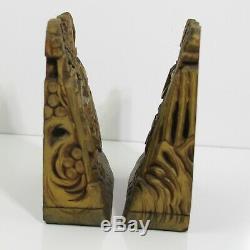 Antique Chinese Gilt Gold Geisha Under Trees Carved Wood Panel Book Ends 7-1/4