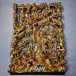 Antique Chinese Gilt Warfield 3D Wood Carving Panel