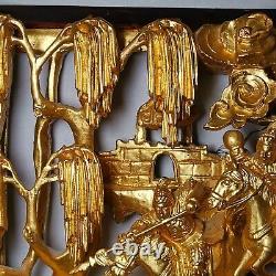 Antique Chinese Gilt Warfield 3D Wood Carving Panel