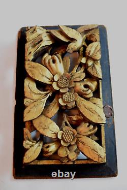 Antique Chinese Gilt Wood Carved Panel Bird & Flowers with Wax Seal