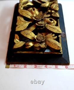 Antique Chinese Gilt Wood Carved Panel Bird & Flowers with Wax Seal