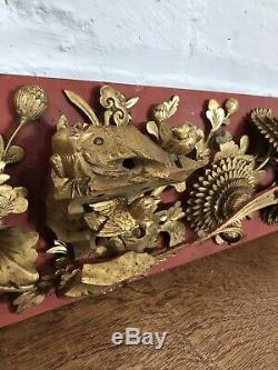 Antique Chinese Gilt Wood Carved Panel Deep Relief Scene Wall Hanging Decorative