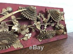 Antique Chinese Gilt Wood Carved Panel Deep Relief Scene Wall Hanging Decorative