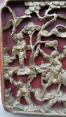 Antique Chinese Guilded Quality Carved Wood Panel King Riding Mythical Beast