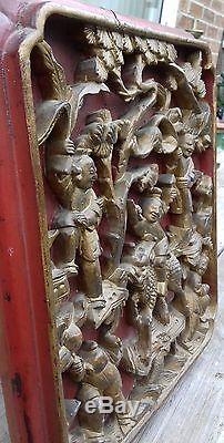 Antique Chinese Guilded Quality Carved Wood Panel King Riding Mythical Beast