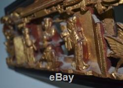 Antique Chinese Hand Carved Deep Relief Gilded Wood Screen Panel