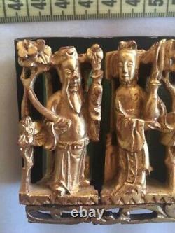 Antique Chinese Hand Carved Deep Relief Gilded Wood Screen Panel