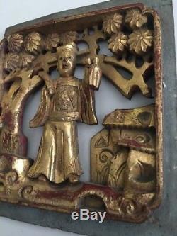 Antique Chinese Hand Carved Deep Relief Gilded Wood Screen Panel 6 X 7 #2