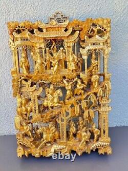 Antique Chinese Hand Carved Gilded 3D Wood Panel 16.75 H x 12 x 2