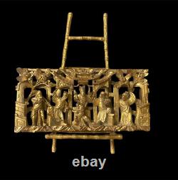 Antique Chinese Hand Carved Gold Gilt Wood Wall Panel Celebratory Scene