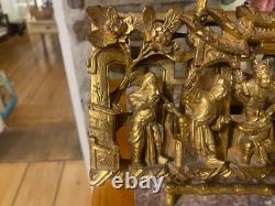 Antique Chinese Hand Carved Gold Gilt Wood Wall Panel Celebratory Scene