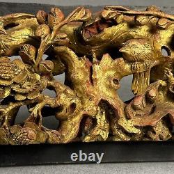 Antique Chinese Hand Carved Gold Gilt Wood Wall Panel Tree With Birds 23x 7