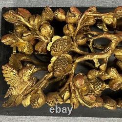 Antique Chinese Hand Carved Gold Gilt Wood Wall Panel Tree With Birds 23x 7