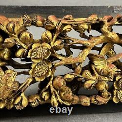 Antique Chinese Hand Carved Gold Gilt Wood Wall Panel Tree With Birds 23x 7