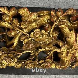 Antique Chinese Hand Carved Gold Gilt Wood Wall Panel Tree With Birds 23x 7