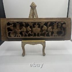 Antique Chinese Hand Carved Relief Wood Panel Leaves Vase Flowers