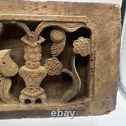 Antique Chinese Hand Carved Relief Wood Panel Leaves Vase Flowers