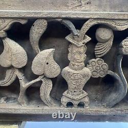 Antique Chinese Hand Carved Relief Wood Panel Leaves Vase Flowers