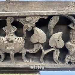 Antique Chinese Hand Carved Relief Wood Panel Leaves Vase Flowers